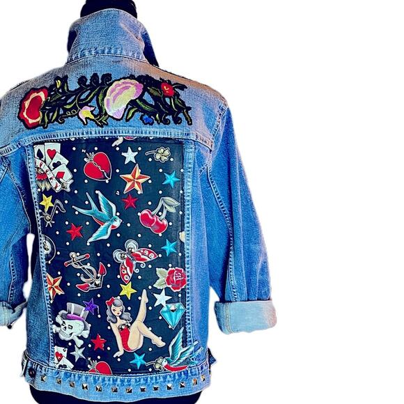 Women Reworked denim Jacket custom only 1 silver studs old school tattoo design - Picture 3 of 8